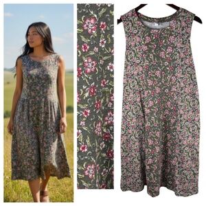 J Jill Dress Sz Large Petite LP Floral Green Pink Slvlss Cottage Garden